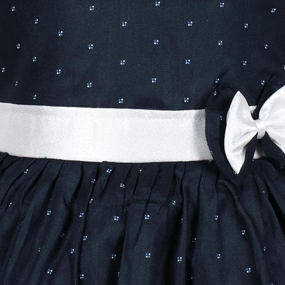 Girls Navy Blue Polka Dot Cotton Sleeveless Dress with White Bow & Waist Belt