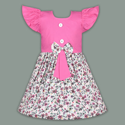 Girls Pink Cotton Floral Party Dress with Bow Detail | Soft & Comfortable Kids Wear