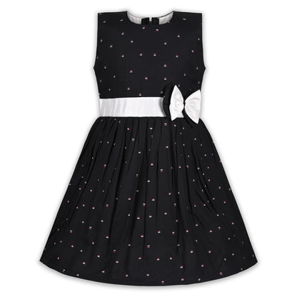 Black Cotton Party Frock for Girls with White Waist Belt & Bow