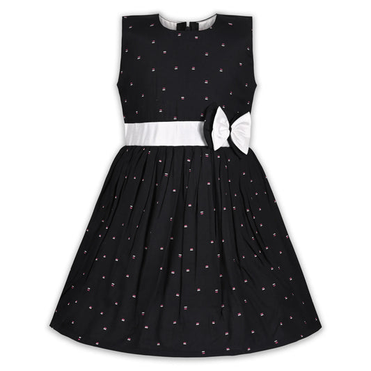 Black Cotton Party Frock for Girls with White Waist Belt & Bow