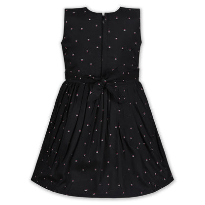 Black Cotton Party Frock for Girls with White Waist Belt & Bow