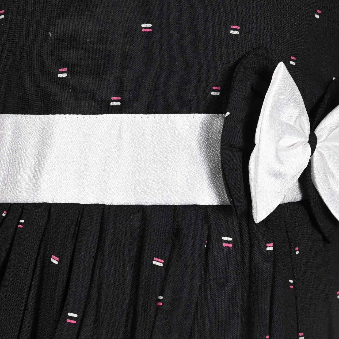 Black Cotton Party Frock for Girls with White Waist Belt & Bow
