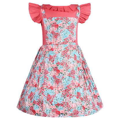 Girls Peach Cotton Floral Dress with Ruffle Neck & Flutter Sleeves | Stylish Kids Party Wear