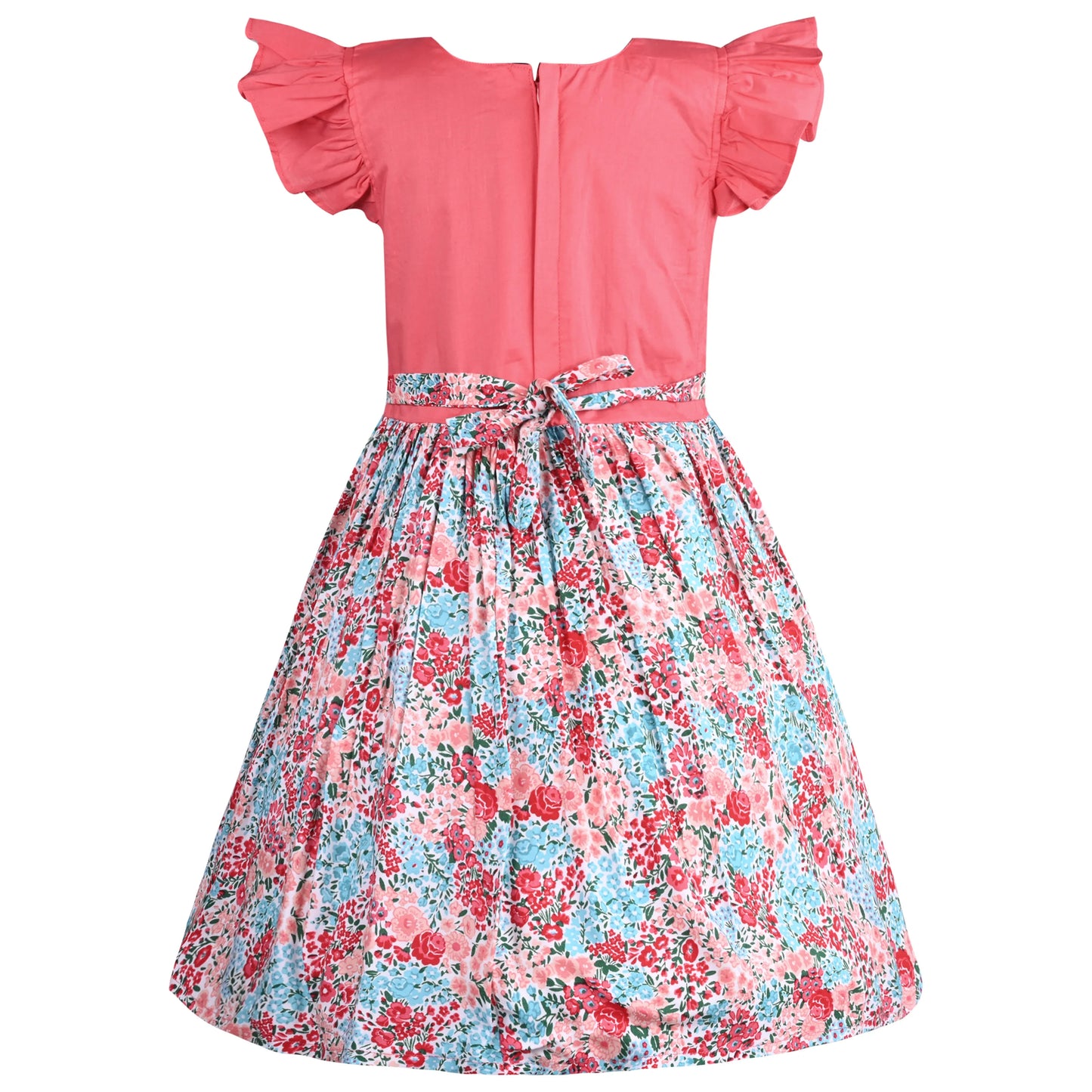 Girls Peach Cotton Floral Dress with Ruffle Neck & Flutter Sleeves | Stylish Kids Party Wear