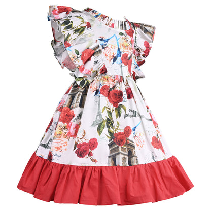 Girls Floral Print Flared Sleeve Fit and Flare Summer Frock