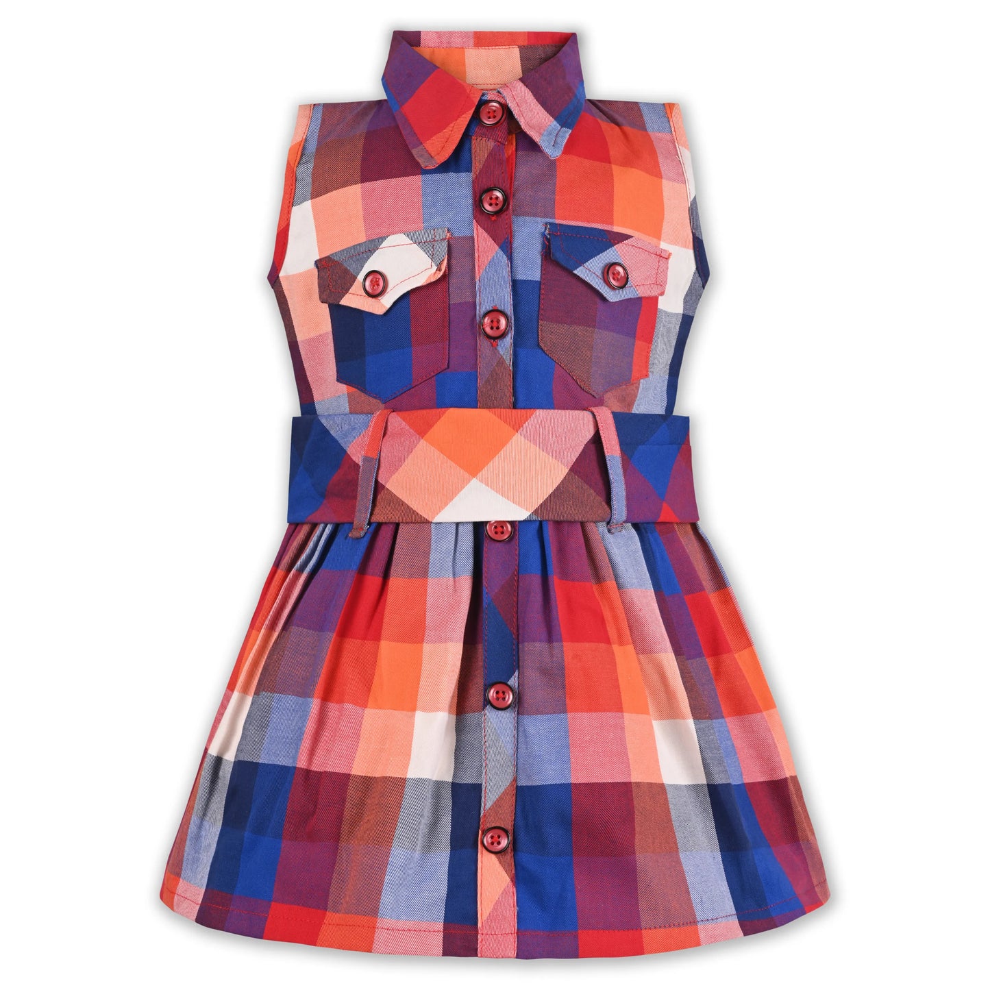 Girls Cotton Checkered Sleeveless Shirt Dress with Belt | Soft & Breathable Kids Casual Outfit