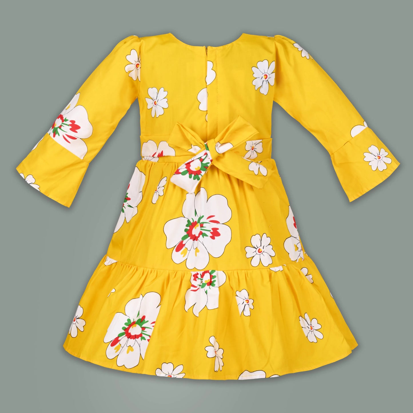 Girls Yellow Cotton Floral Dress with Bow Detail & Long Sleeves | Stylish Kids Casual & Party Wear