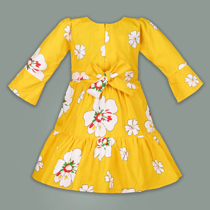 Girls Yellow Cotton Floral Dress with Bow Detail & Long Sleeves | Stylish Kids Casual & Party Wear