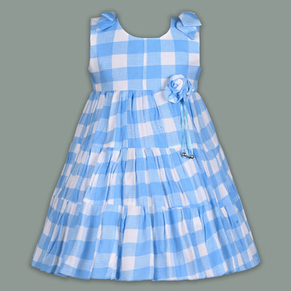Girls Cotton Checked Party Frock for Girls with Floral Detail