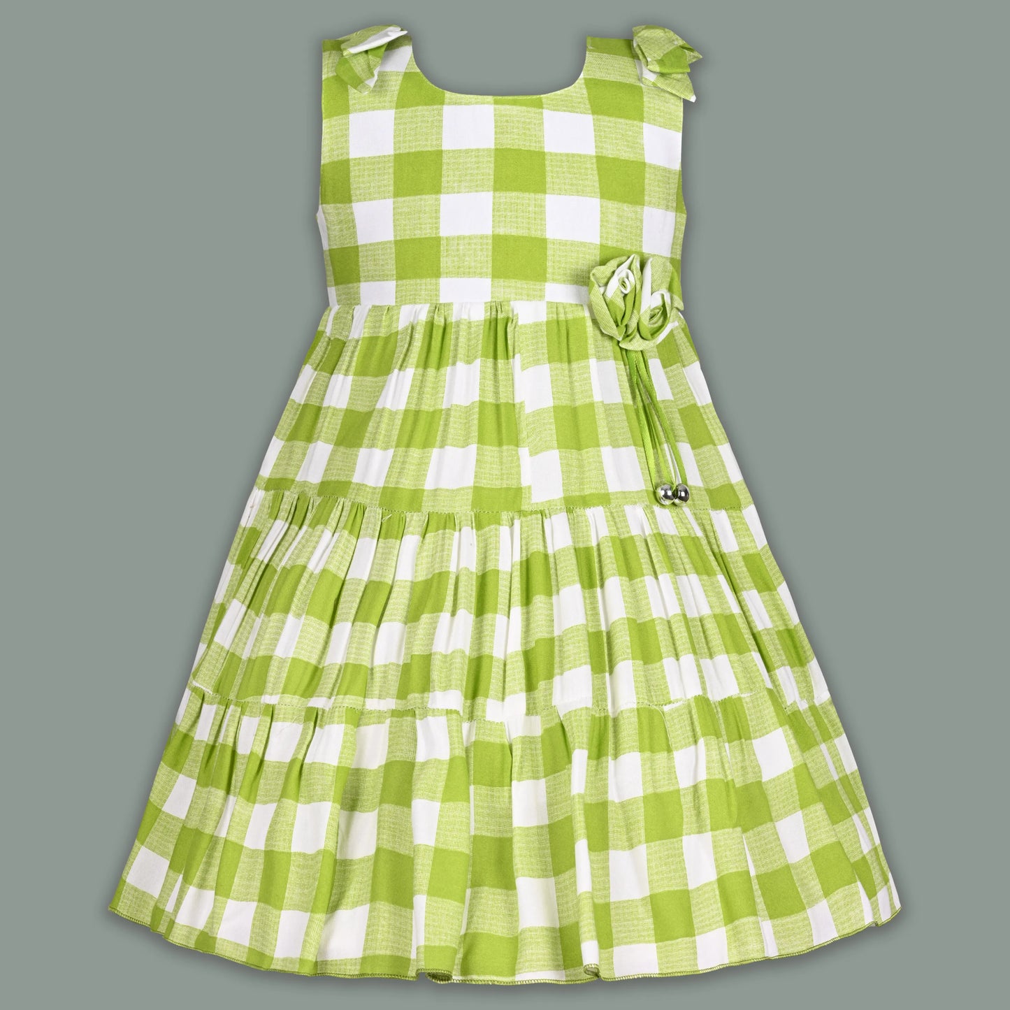 Girls Cotton Checked Party Frock for Girls with Floral Detail