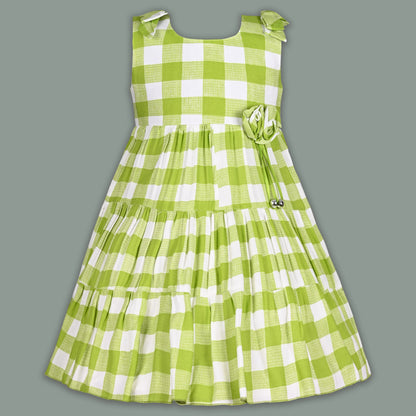 Girls Cotton Checked Party Frock for Girls with Floral Detail
