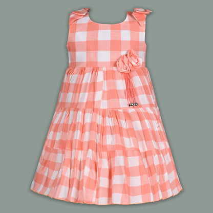 Girls Cotton Checked Party Frock for Girls with Floral Detail