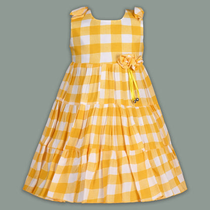 Girls Cotton Checked Party Frock for Girls with Floral Detail