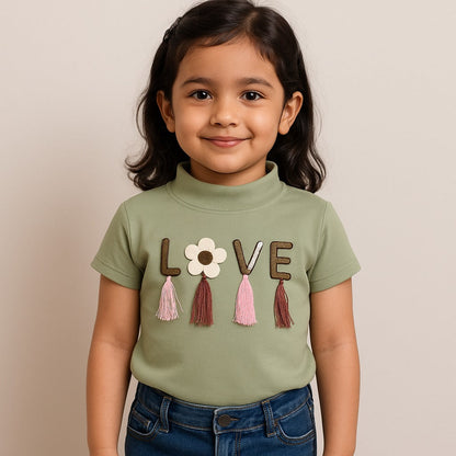 Girls High Neck Cotton T-shirt with Love Embroidery & Tassel Detailing