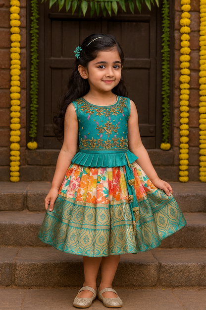 Girls Art Silk Embroidered Party Wear Frock â€“ Sleeveless Floral & Zari Pattern Dress