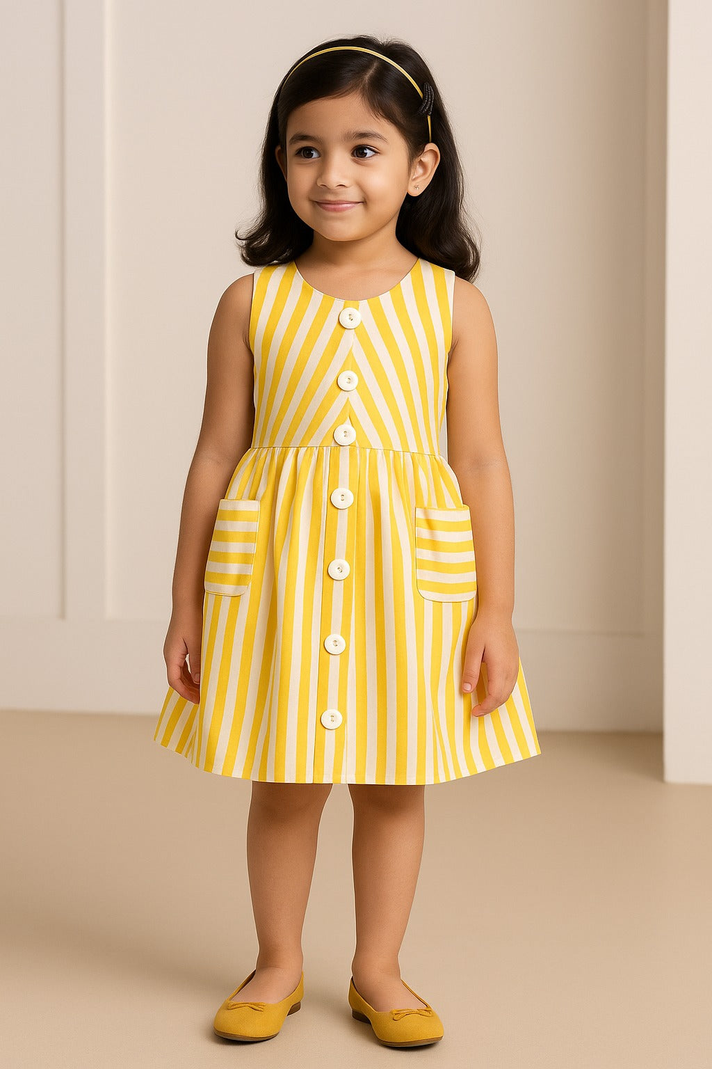 Girls Yellow & White Striped Button-Down Dress