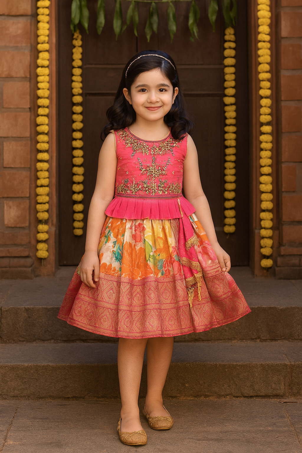 Girls Art Silk Embroidered Party Wear Frock â€“ Sleeveless Floral & Zari Pattern Dress