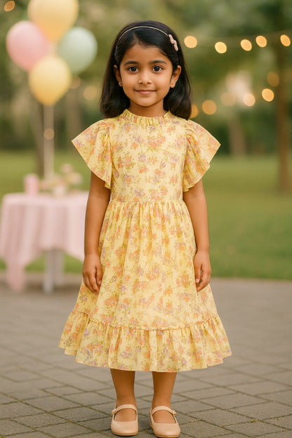Girls Floral Print Flutter Sleeve Casual Dress