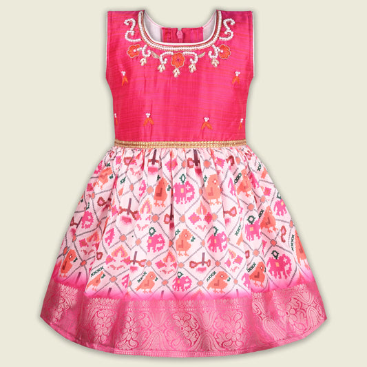 Girls Satin Party Dress with Embroidered Yoke & Printed Flare Skirt