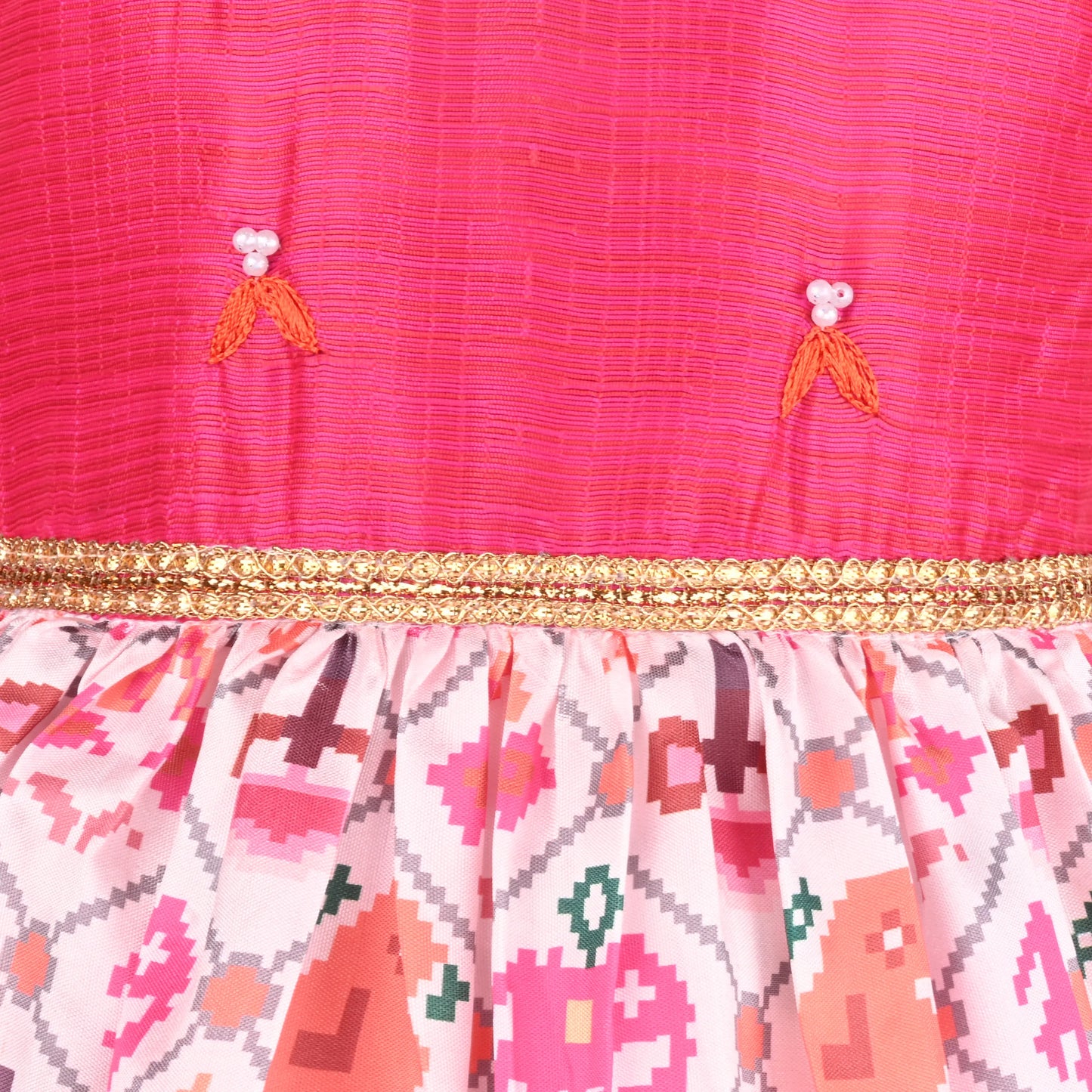Girls Satin Party Dress with Embroidered Yoke & Printed Flare Skirt