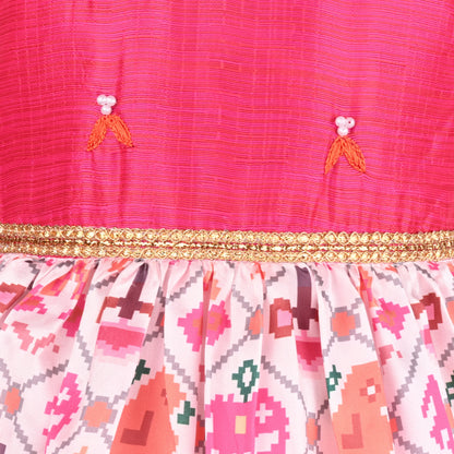 Girls Satin Party Dress with Embroidered Yoke & Printed Flare Skirt