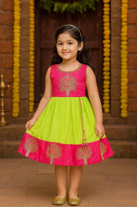 Baby Girls Silk Embroidered Ethnic Frock - Green