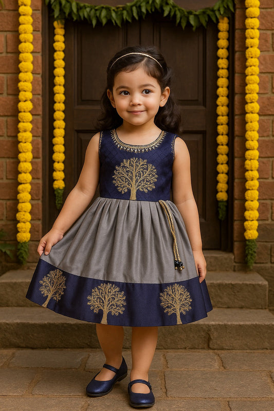 Baby Girls Silk Embroidered Ethnic Frock - Grey