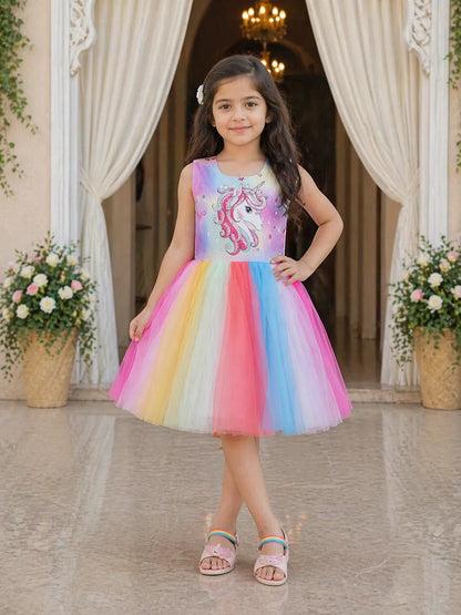 Girls Colorful unicorn flared dress