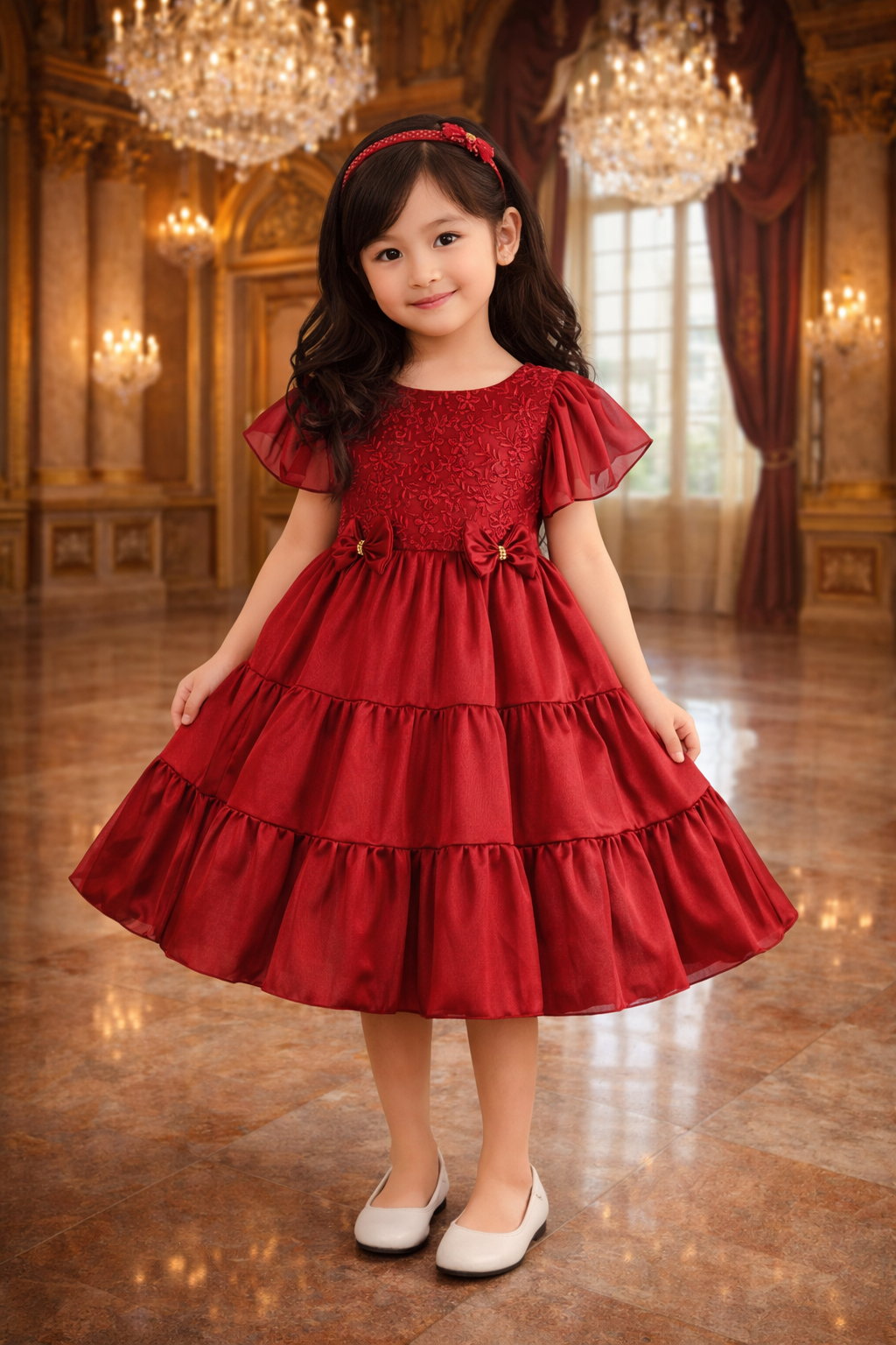 Girls Bow Floral Embroidered Tiered Party Dress