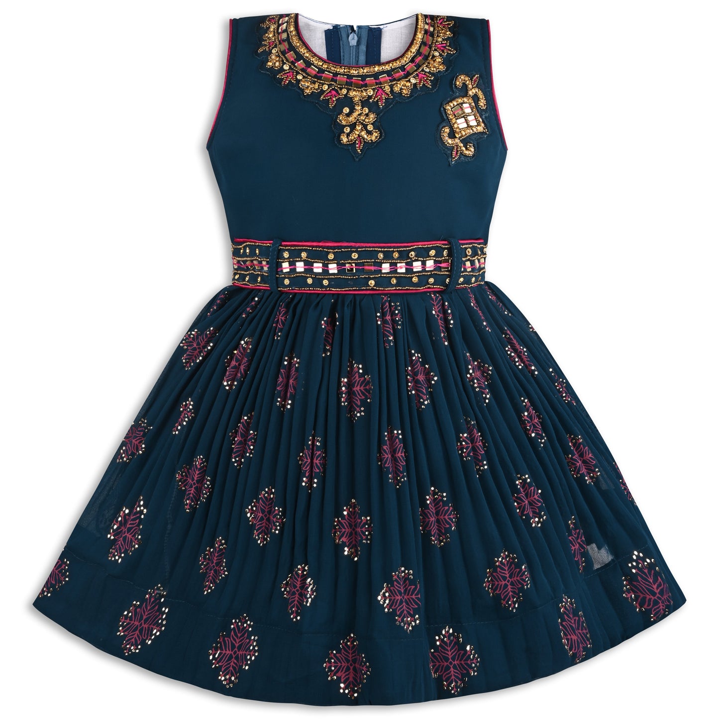 Girls Embellished and Printed Ethnic Dress with Attached Duppata