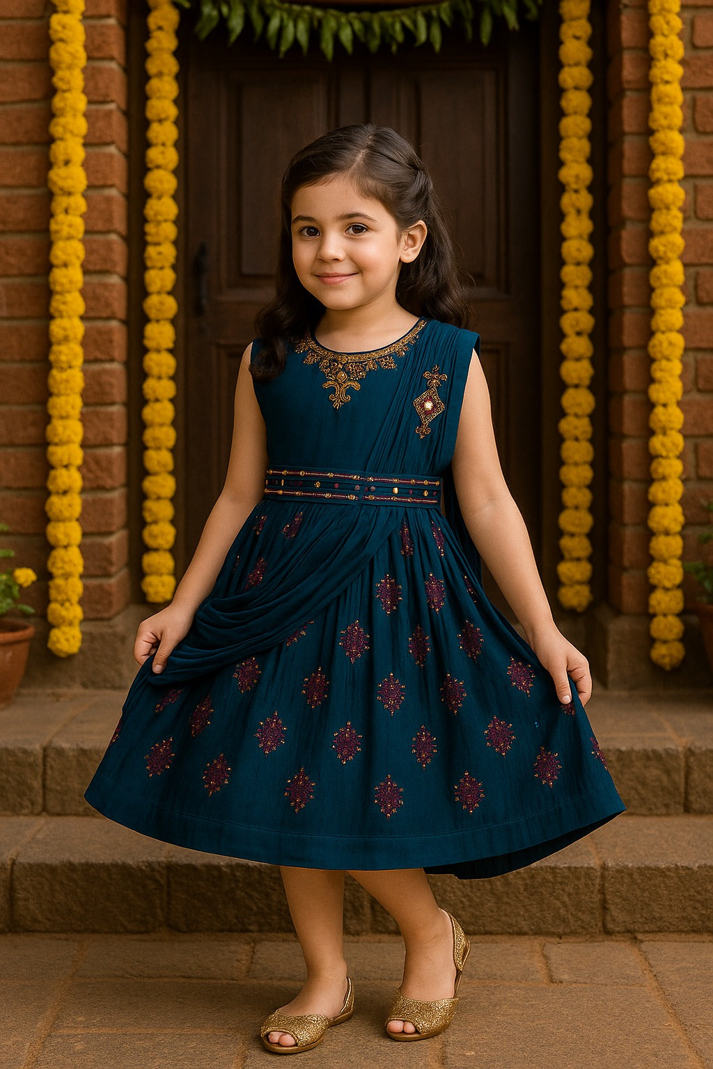 Girls Satin Embroidered Party Dress with Dupatta Drape & Belt
