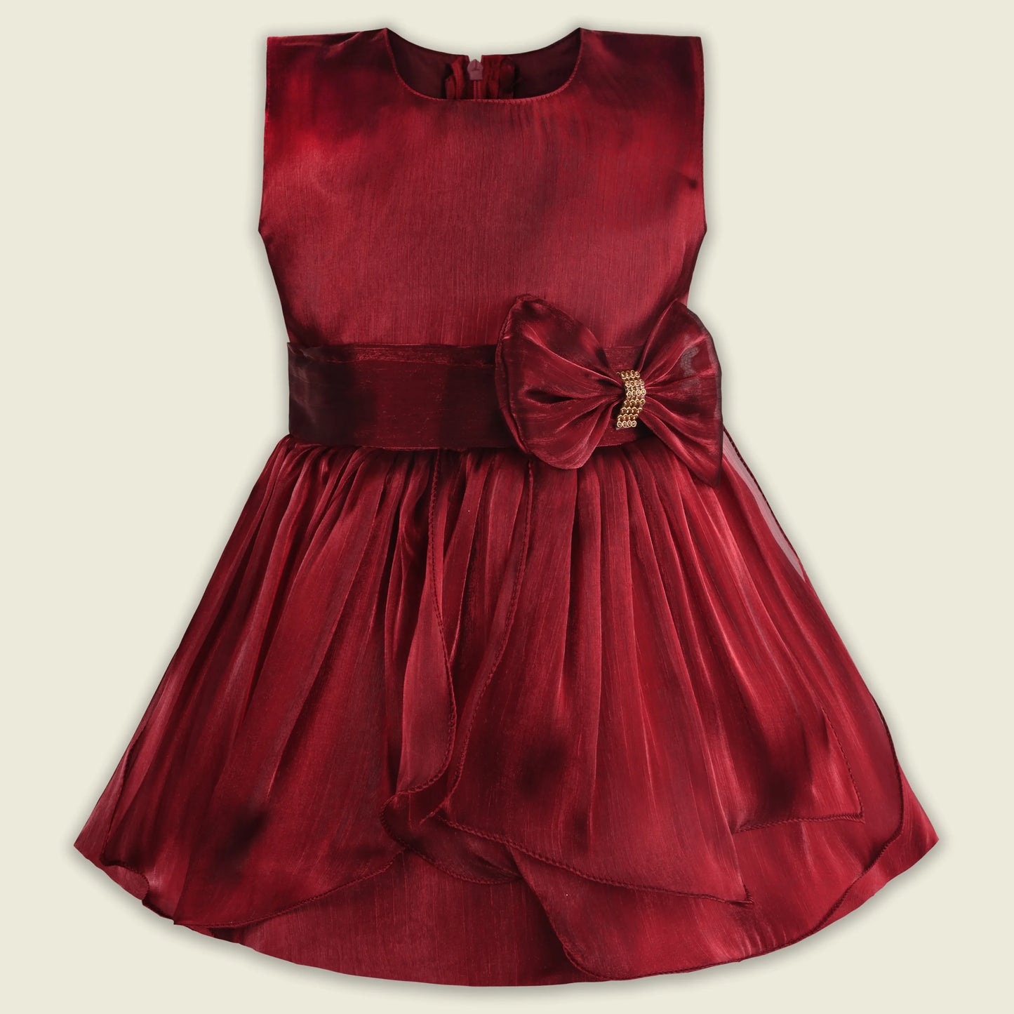 Girls Solid Pleated Satin Fit and Flare Frock Dress