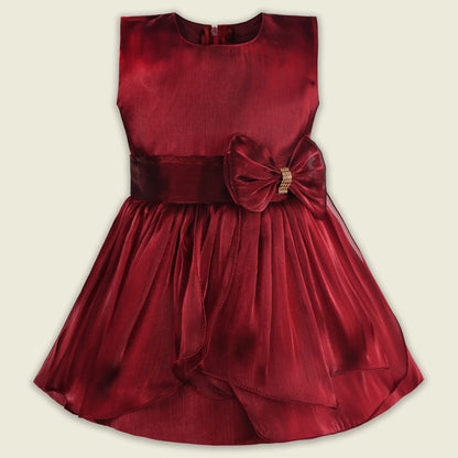 Girls Solid Pleated Satin Fit and Flare Frock Dress
