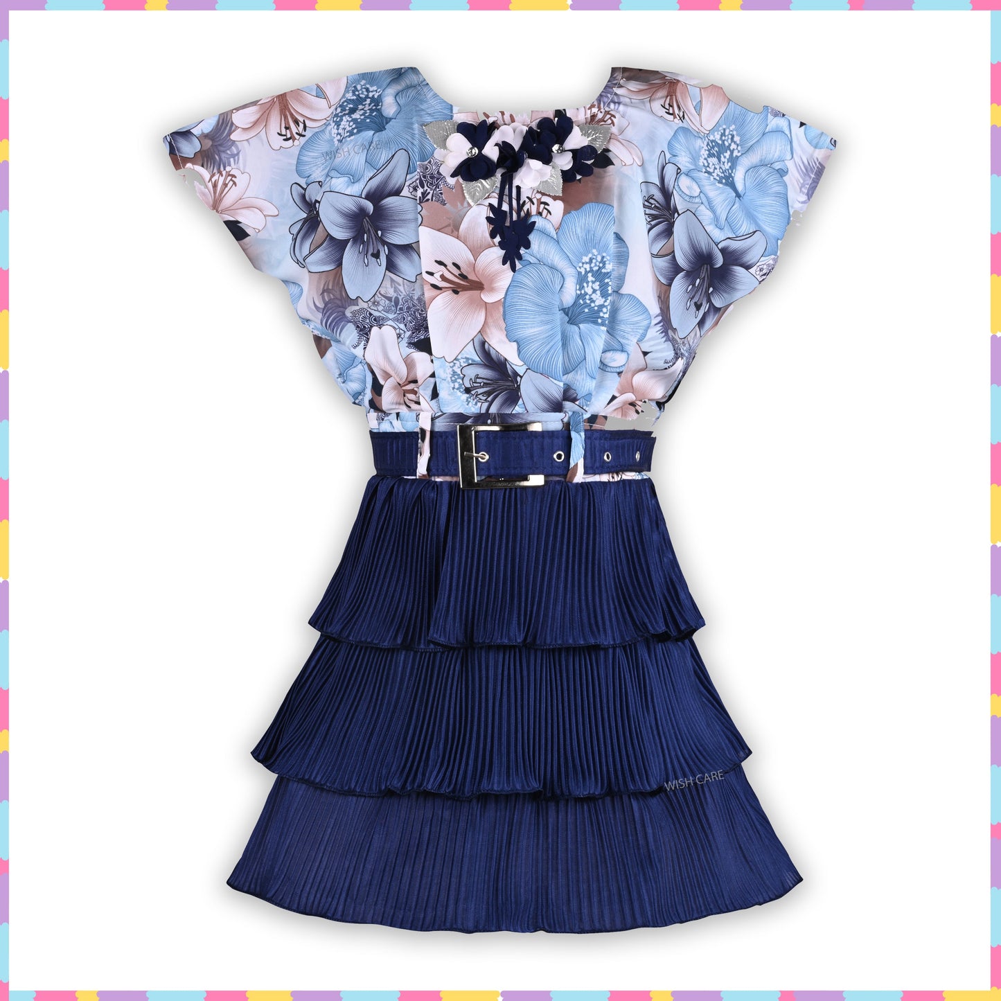 Girls Floral Print Layered Casual Dress with Belt