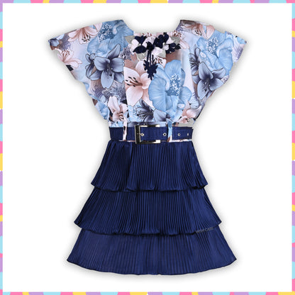 Girls Floral Print Layered Casual Dress with Belt