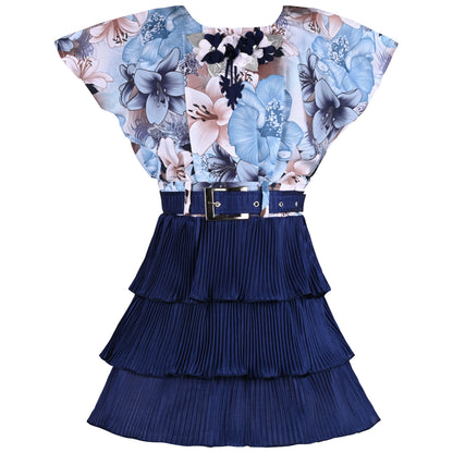 Girls Floral Print Layered Casual Dress with Belt