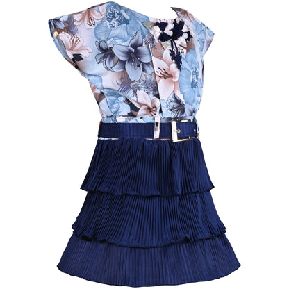 Girls Floral Print Layered Casual Dress with Belt