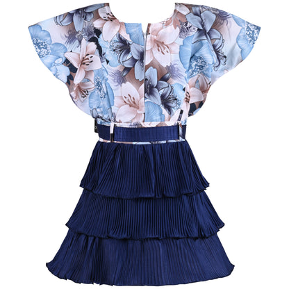 Girls Floral Print Layered Casual Dress with Belt