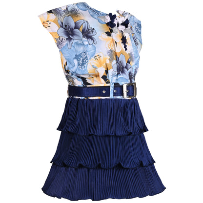 Girls Floral Print Layered Casual Dress with Belt