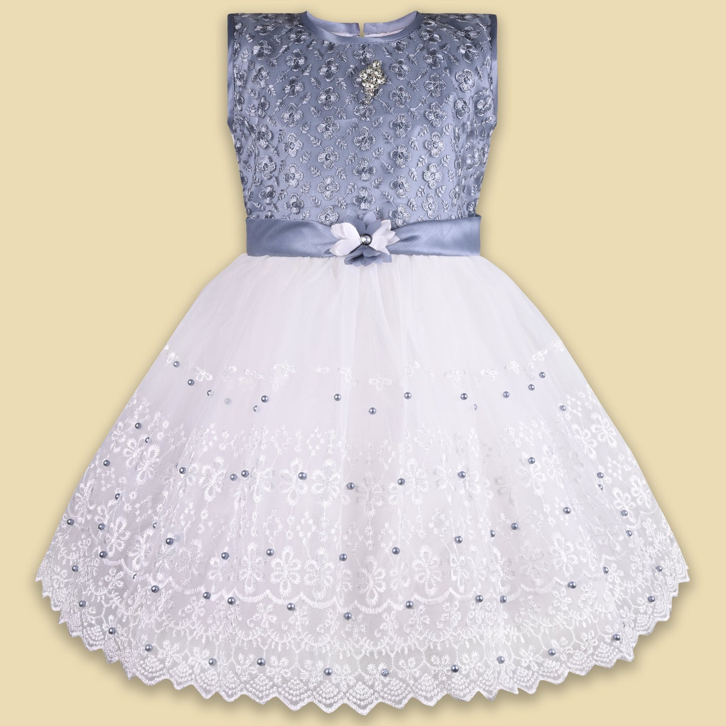 Girls Floral Embroidered and Pearl Embellished Party Dress