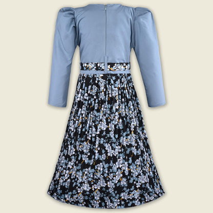 Girls Printed Casual Dress with Puff Sleeves & Belt