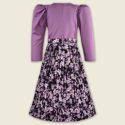 Girls Printed Casual Dress with Puff Sleeves & Belt
