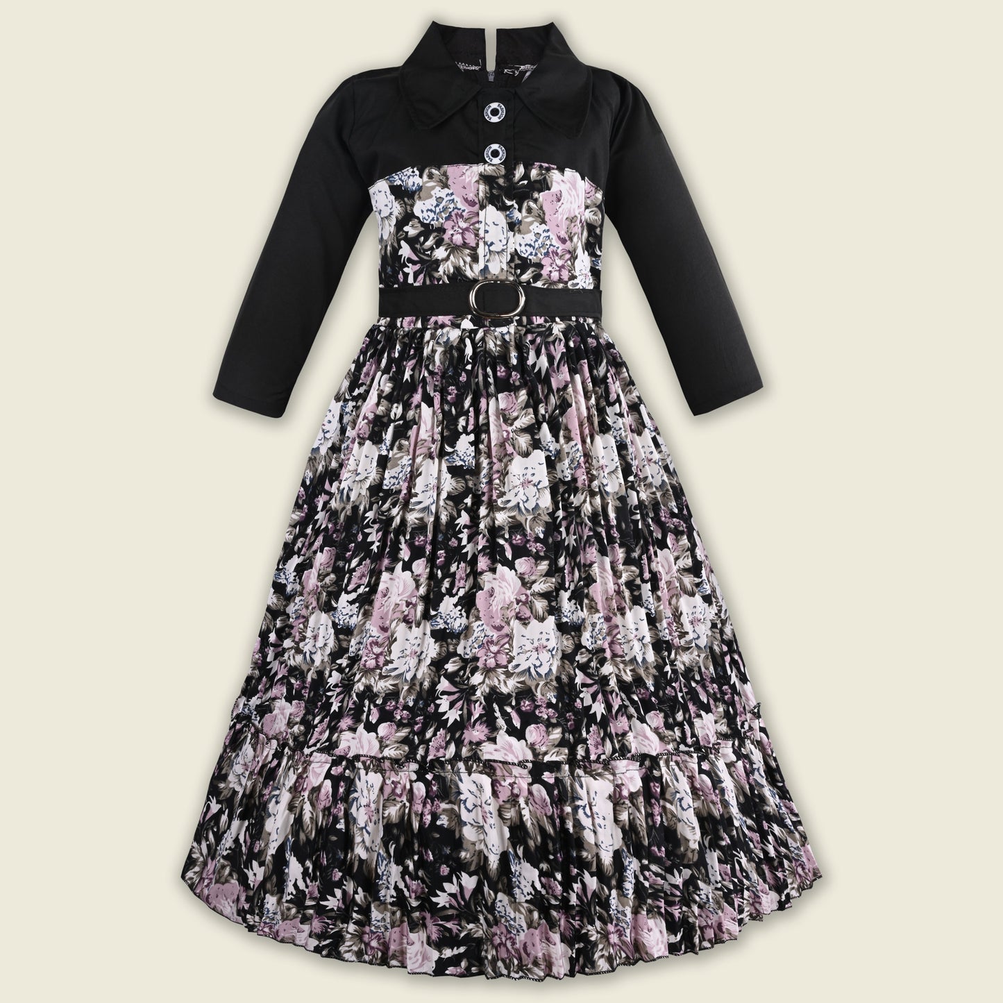 Girls Floral Print Satin Collared Casual Dress fe3444