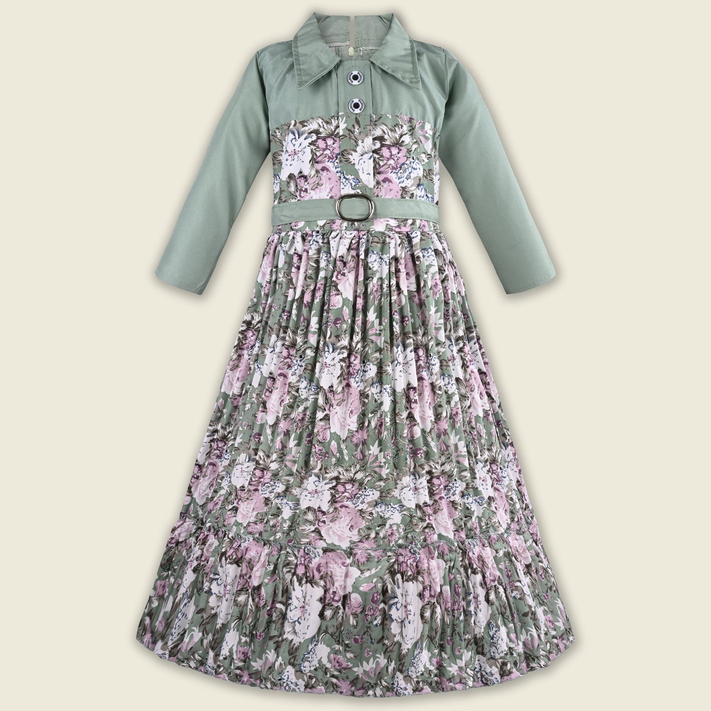 Girls Floral Print Satin Collared Casual Dress fe3444