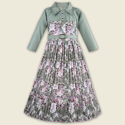 Girls Floral Print Satin Collared Casual Dress fe3444