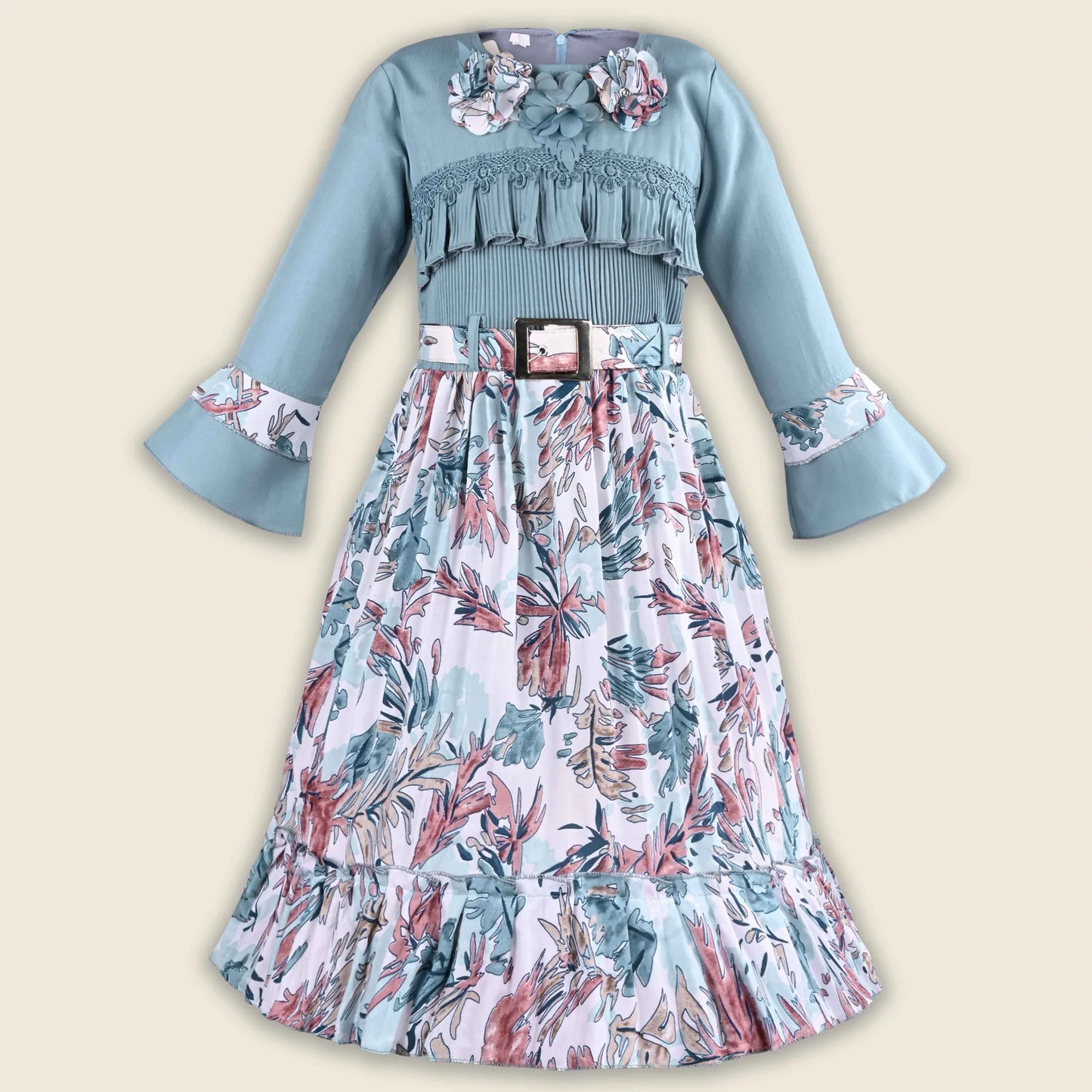 Girls Printed Casual Dress with Bell Sleeves & Belt