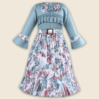 Girls Printed Casual Dress with Bell Sleeves & Belt