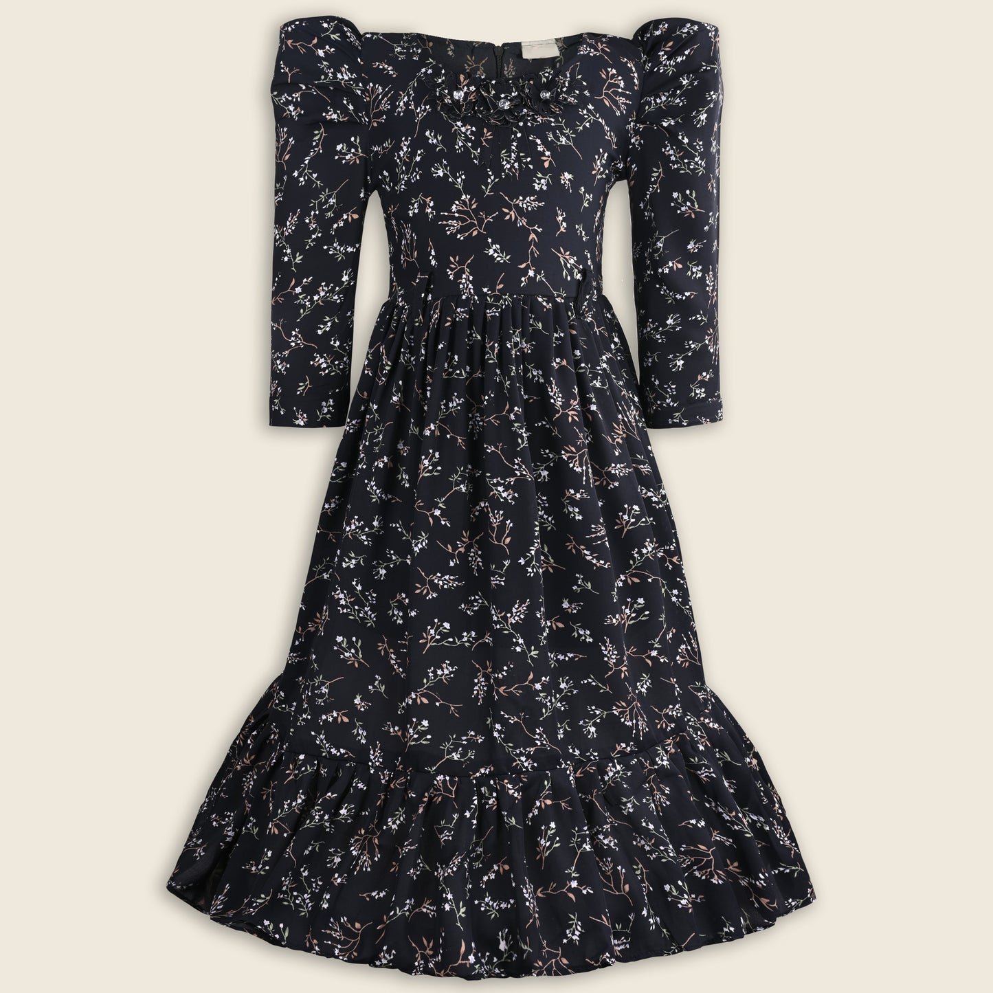 Girls Floral Printed Georgette Pleated Dress with Puff Long Sleeves