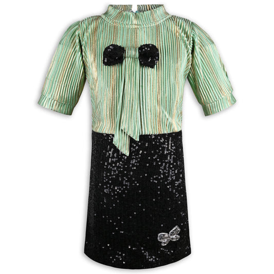 Girls Satin Party Dress with Striped Top and Sequin Skirt