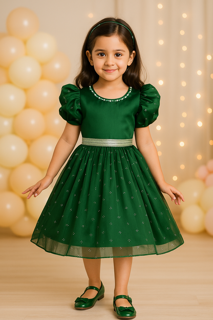 Girls Pearl Embellished Balloon Sleeve Party Dress